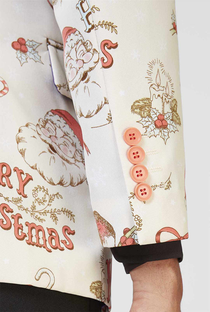 Man draagt ​​gebroken witte en rode chrismas blazer en zwart shirt, mouw close-up