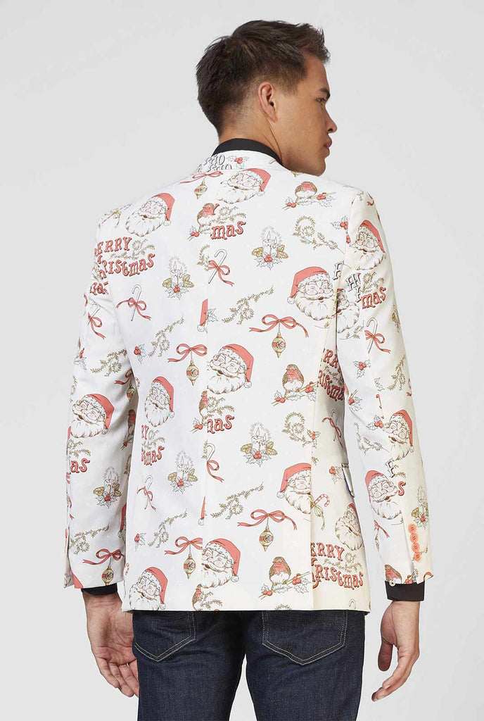Man draagt ​​gebroken witte en rode chrismas blazer en zwart shirt, bekijk vanaf de achterkant