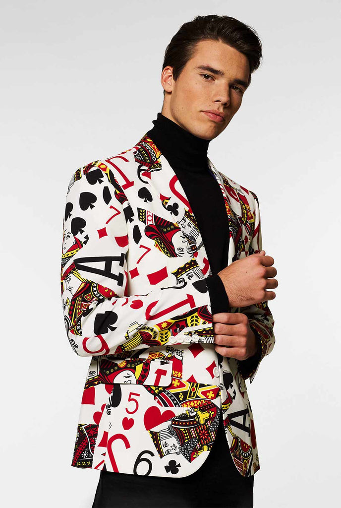 Speelkaarten Print Casual Blazer King of Clubs gedragen door mannen ingezoomd