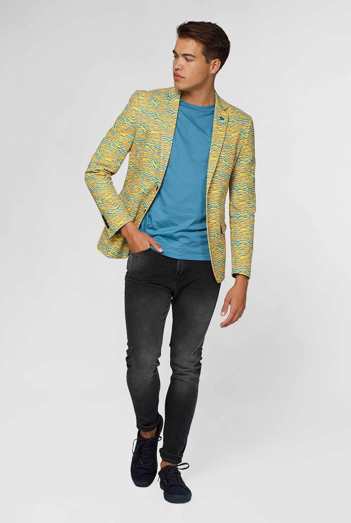 Gele en blauwe zebraprint Casual blazer gedragen door de mens die naar de zijkant kijkt