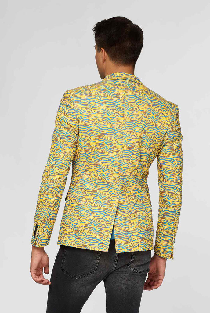 Gele en blauw zebraprint Casual blazer gedragen door de mens van de achterkant