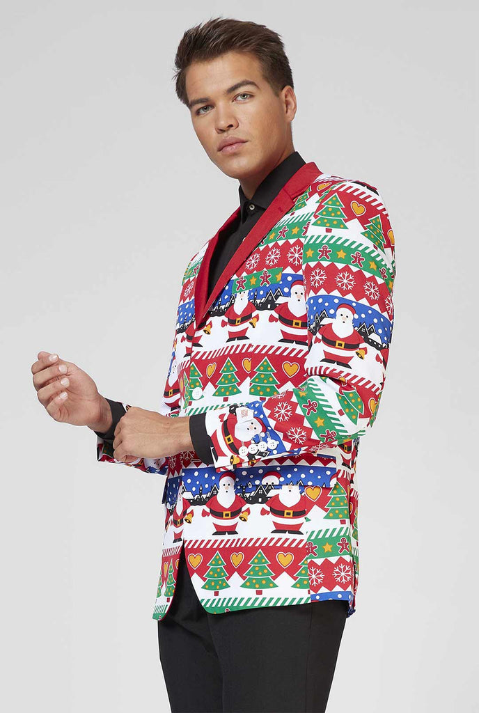 Rood Ugly Christmas Sweater Print Blazer gedragen door man ingezoomde