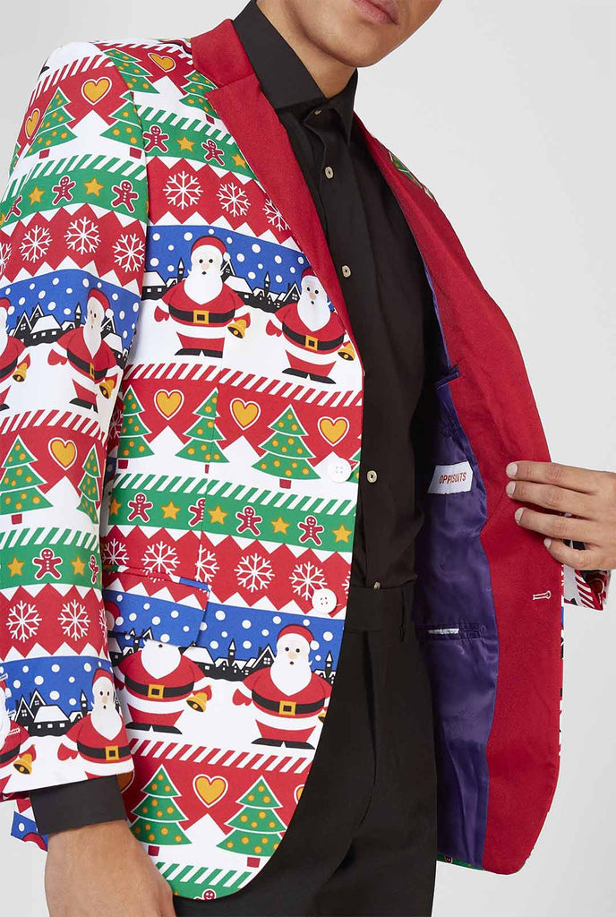 Rood Ugly Christmas Sweater Print Blazer gedragen door man ingezoomde