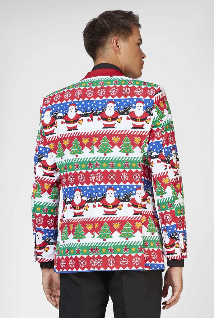 Rood Ugly Christmas Sweater Print Blazer gedragen door de mens, zicht vanaf de achterkant