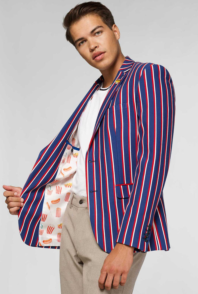 Rood wit en blauw gestreepte casual blazer gedragen door de mens