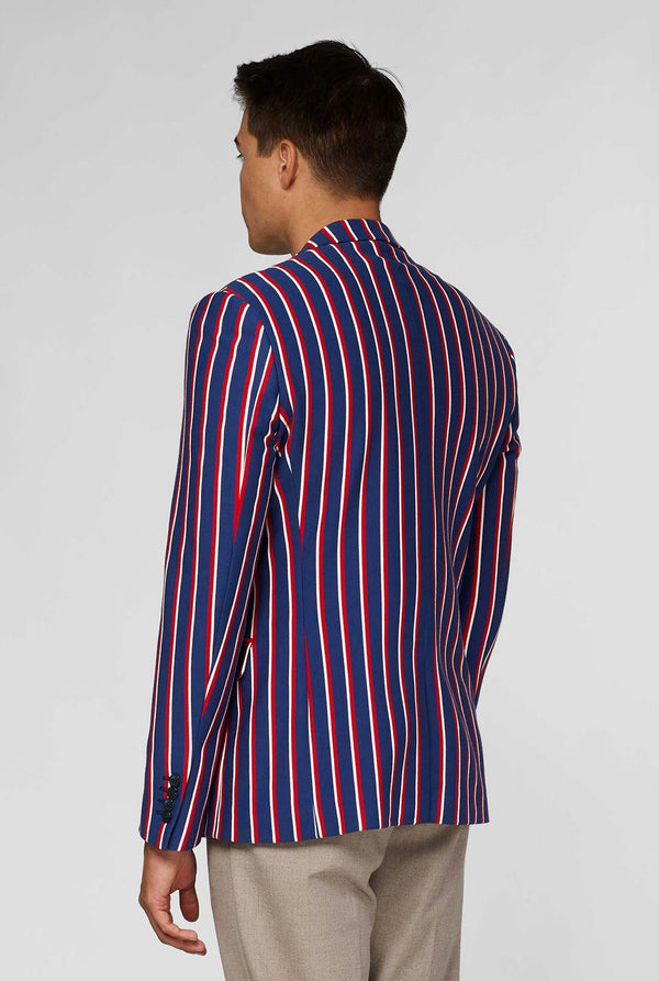 Rood wit en blauw gestreepte casual blazer gedragen door de mens getoond van achteren