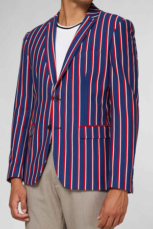 Rood wit en blauw gestreepte casual blazer gedragen door de mens