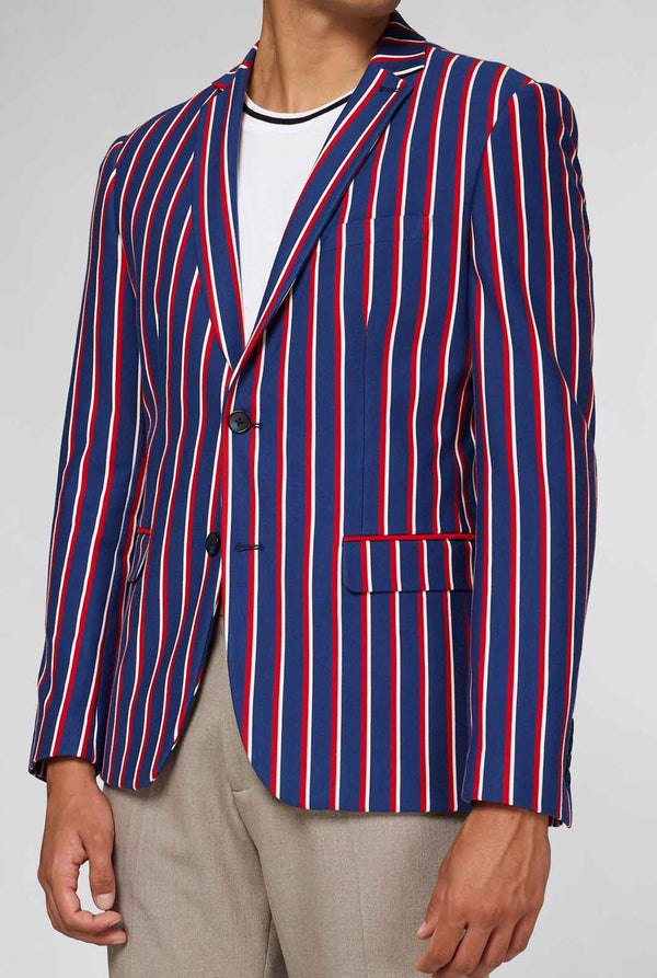 Rood wit en blauw gestreepte casual blazer gedragen door de mens