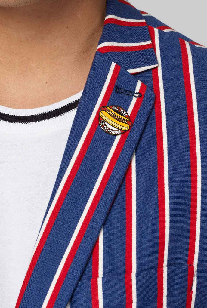 Rood wit en blauw gestreepte casual blazer met details van hotdog pin