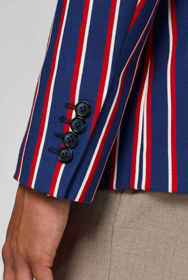 Rood wit en blauw gestreepte casual blazer met mouw van dichtbij