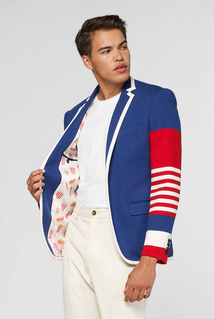 Rood wit en blauw sportief casual blazer gedragen door de mens