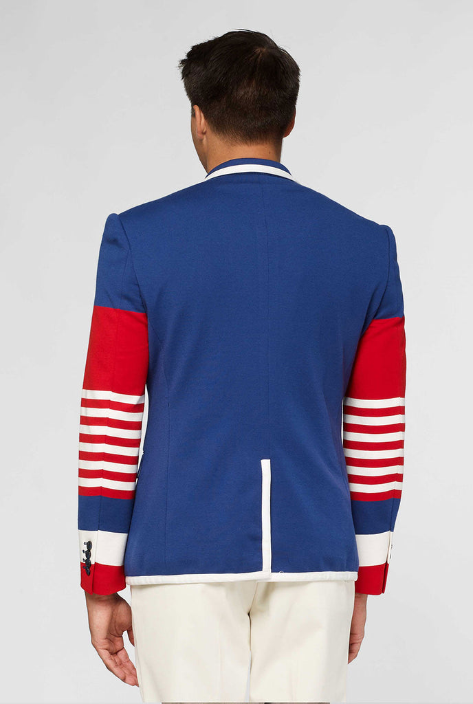 Rood wit en blauw sportief casual blazer gedragen door de mens getoond van achteren
