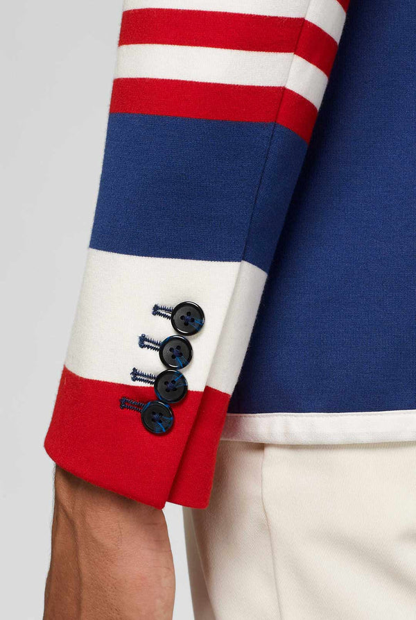 Rood wit en blauw sportief casual blazer gedragen door de mens van de huls