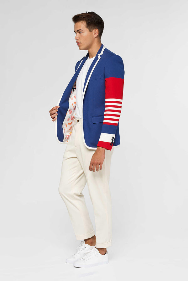 Rood wit en blauw sportief casual blazer gedragen door de mens