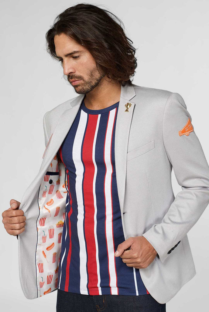 Grijze sportkleding blazer met sportpleisters met binnenste voering met een fastfood -thema