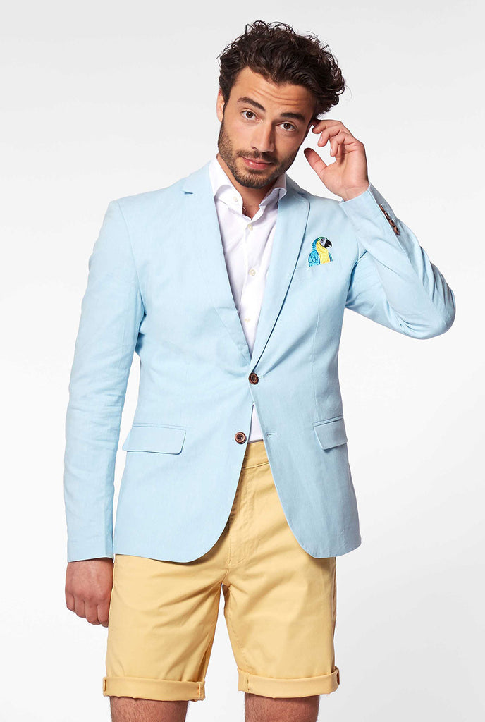 Blauwe casual blazer met papegaai borduurwerk gedragen door de mens