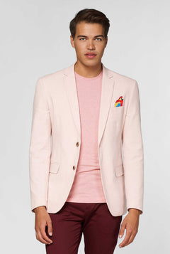 Roze casual blazer met papegaai borduurwerk gedragen door de mens