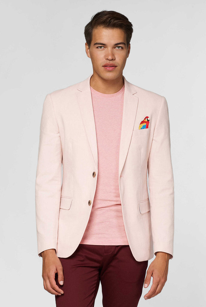 Roze casual blazer met papegaai borduurwerk gedragen door de mens