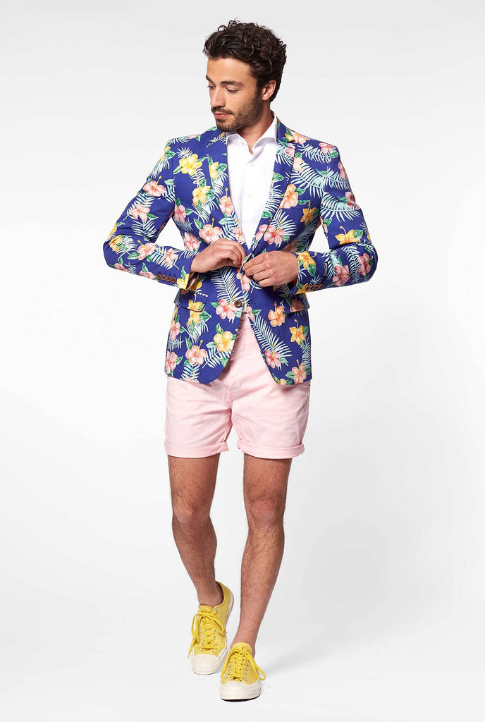 Blauwe blazer met bloemenprint gedragen door de mens met de achterkant van Blazer