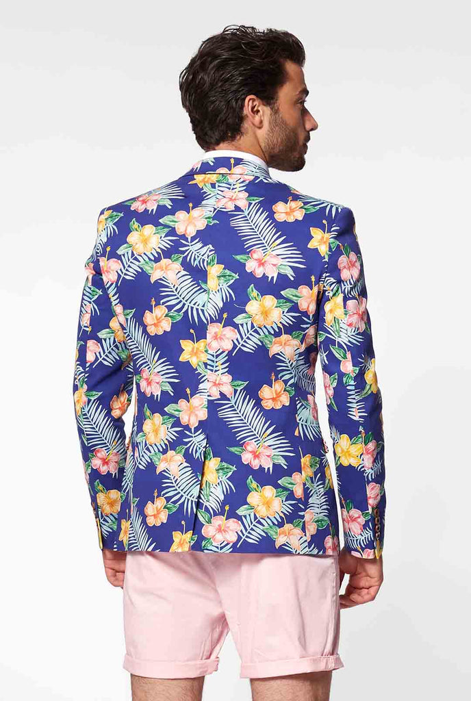 Blauwe casual blazer met bloemenprint gedragen door de mens