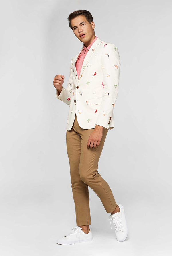 Gebroken witte blazer met tropisch borduurwerk gedragen door de mens