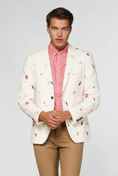 Gebroken witte casual blazer met tropisch borduurwerk gedragen door de mens