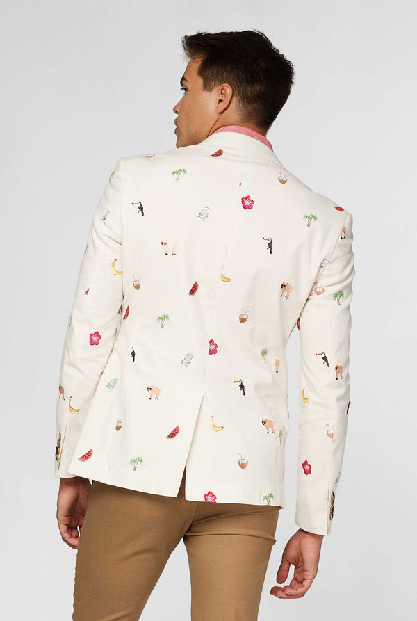 Terug van gebroken witte blazer met tropisch borduurwerk gedragen door de mens