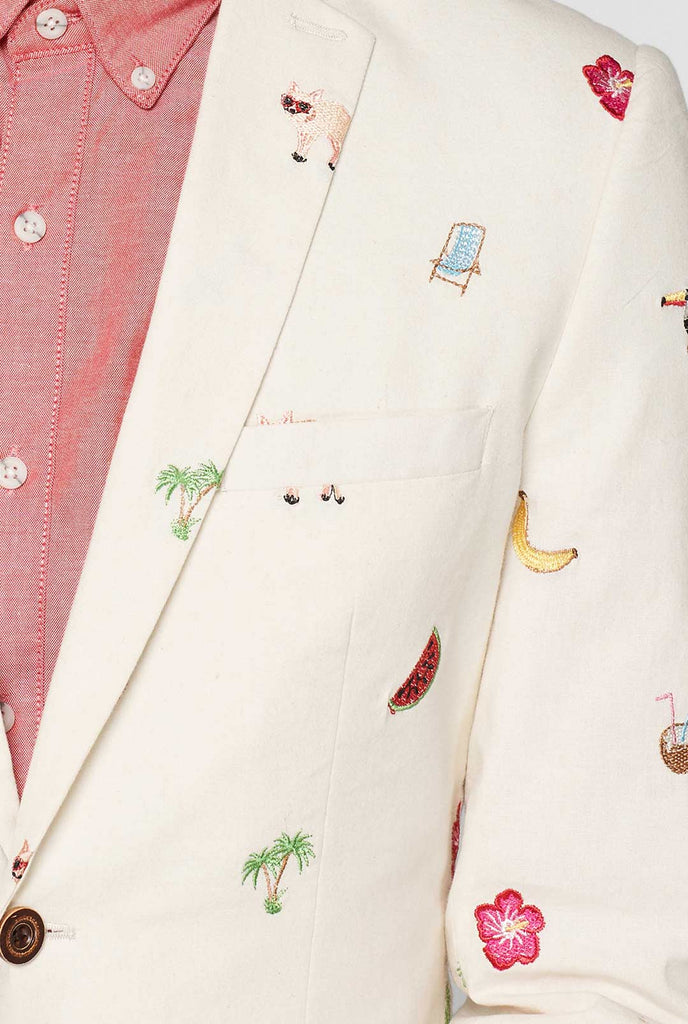 Off-witte blazer met tropisch borduurwerk gedragen door de mens verschijnt naderd detail van iconen