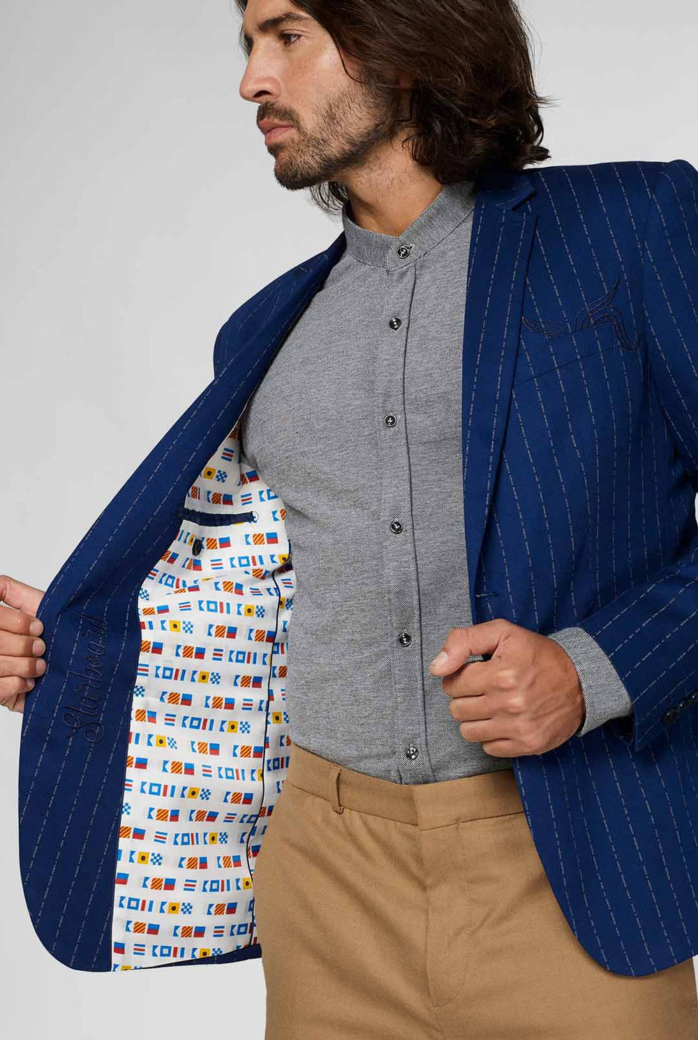 Marineblauwe kapitein stijl pinstripe casual blazer