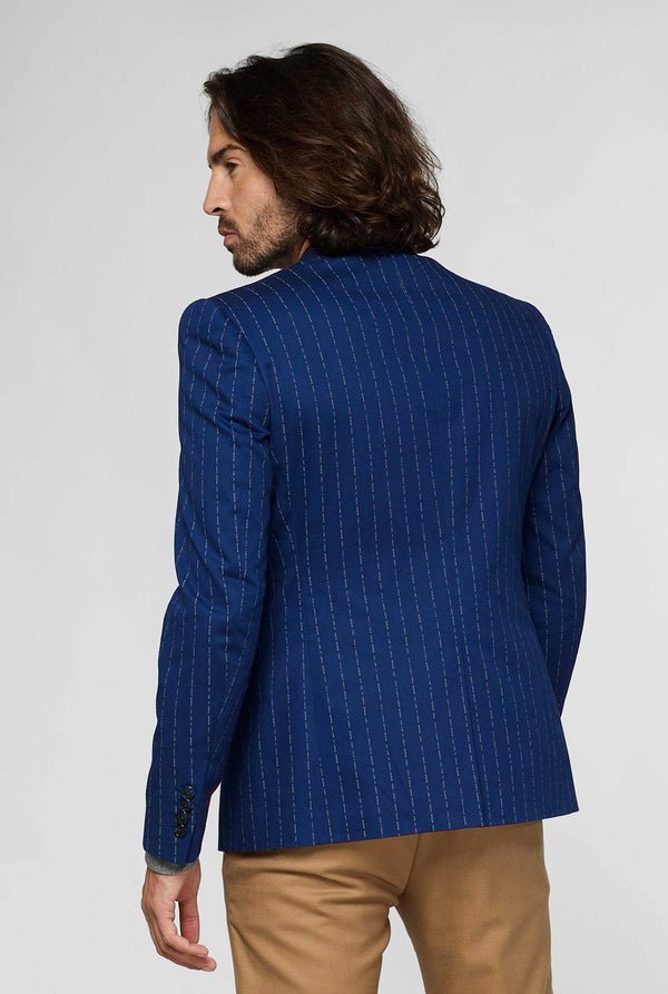 Marineblauwe kapitein stijl pinstripe blazer van de achterkant