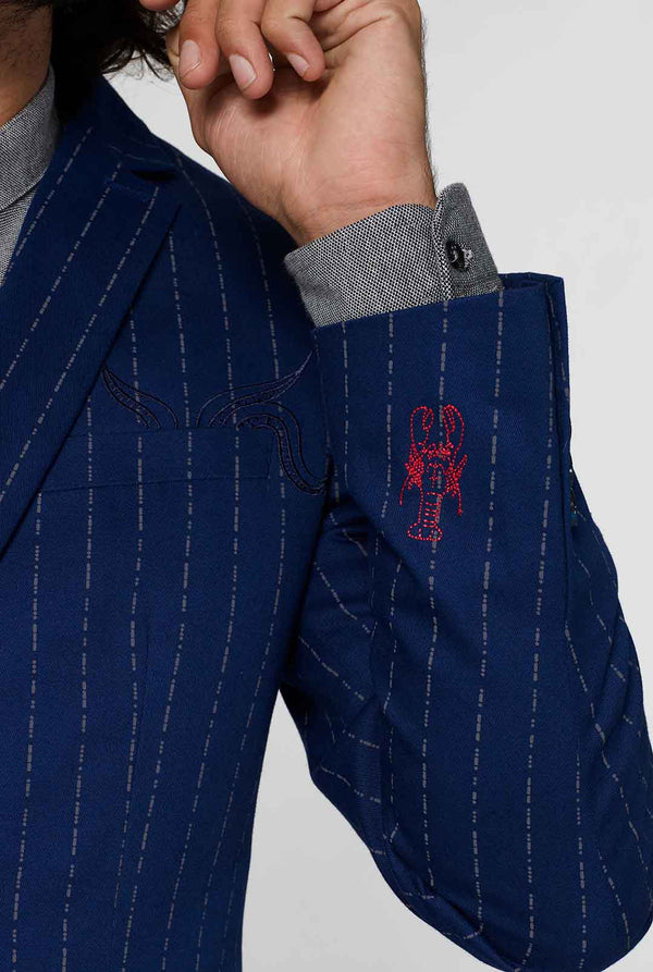 Marineblauwe kapitein stijl Pinstripe Blazer met kreeft borduurwerkdetail