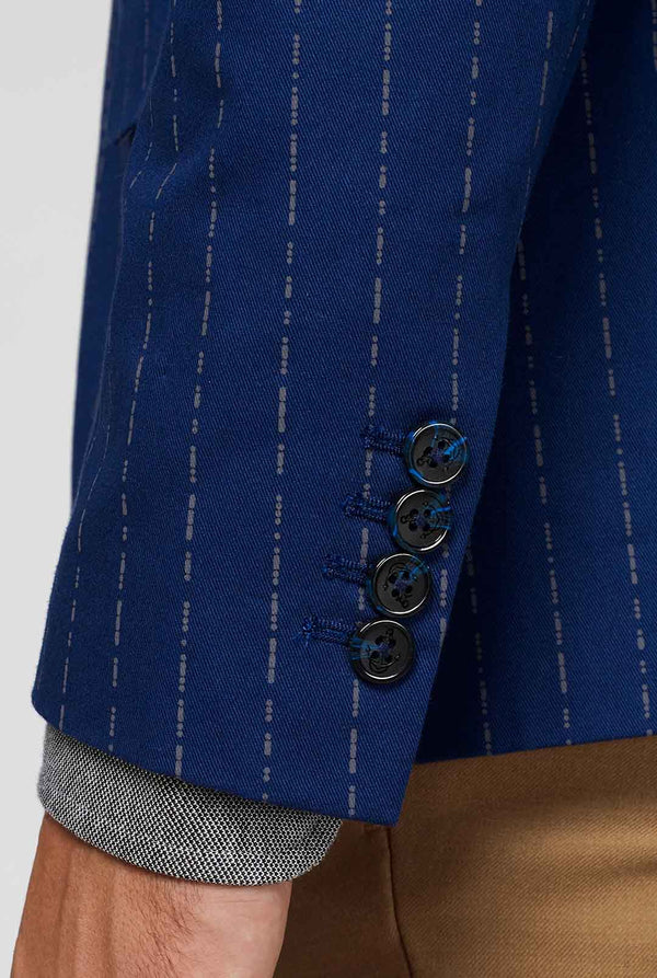 Marineblauwe kapitein stijl Pinstripe blazer mouw van dichtbij