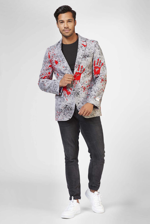 Mannen dragen grijze Halloween Blazer met bloedvlekkenprint