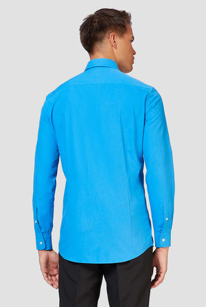 Blauw shirt met lange mouwen gedragen door de mens - terug