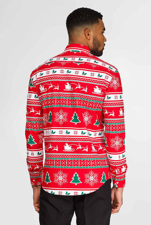 Man draagt ​​een rood kerstshirt, bekijk vanaf de achterkant
