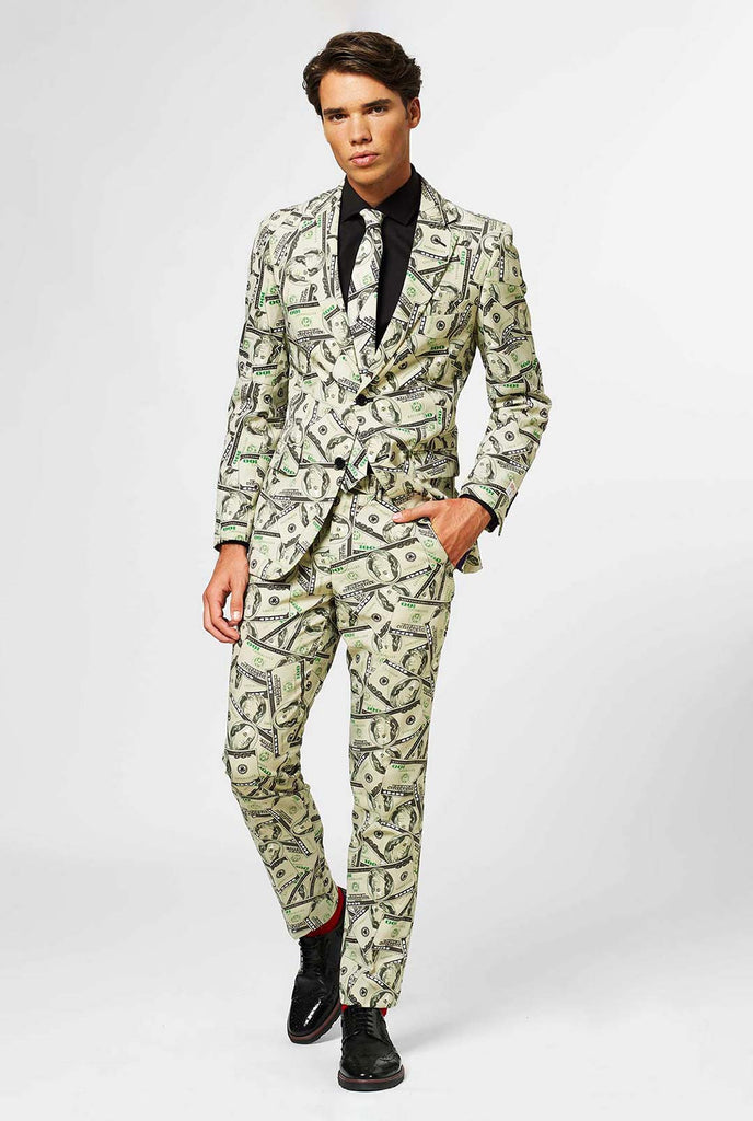 Man draagt ​​herenpak met dollar, geldprint