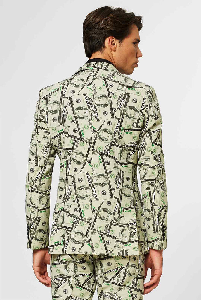 Man draagt ​​herenpak met dollar, geldprint, uitzicht vanaf de achterkant