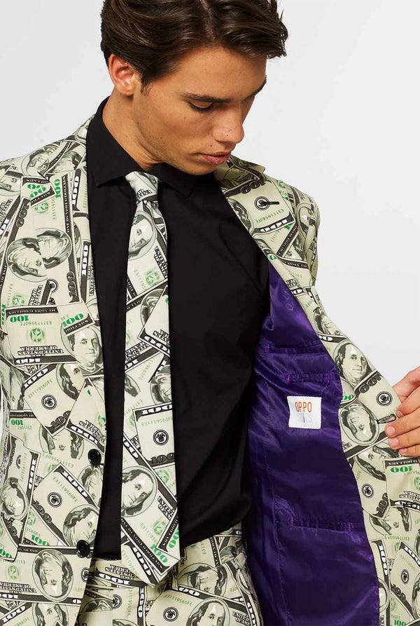 Man draagt ​​herenpak met dollar, geldprint, close -up