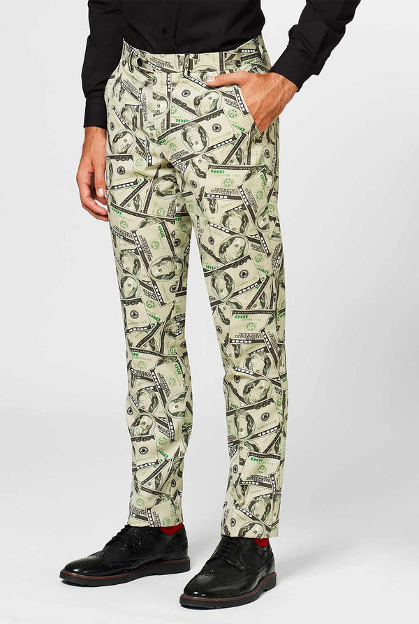 Man draagt ​​herenpak met dollar, geldprint, broek close -up
