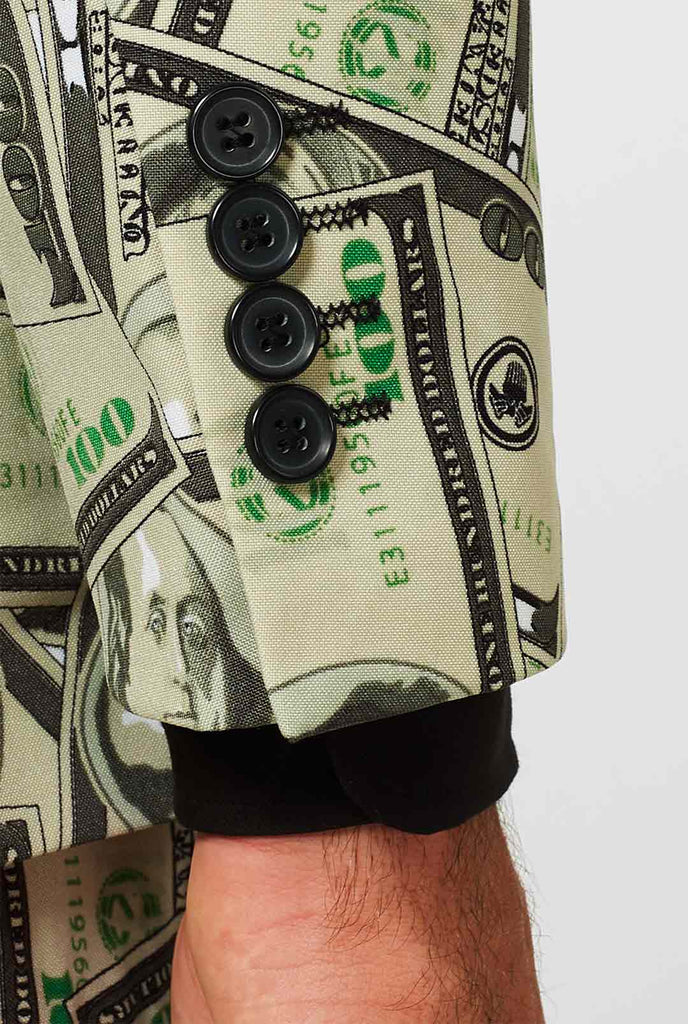 Man draagt ​​herenpak met dollar, geldprint, mouw close -up