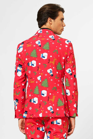 Man draagt ​​een rood kerstpak, bekijk vanaf de achterkant