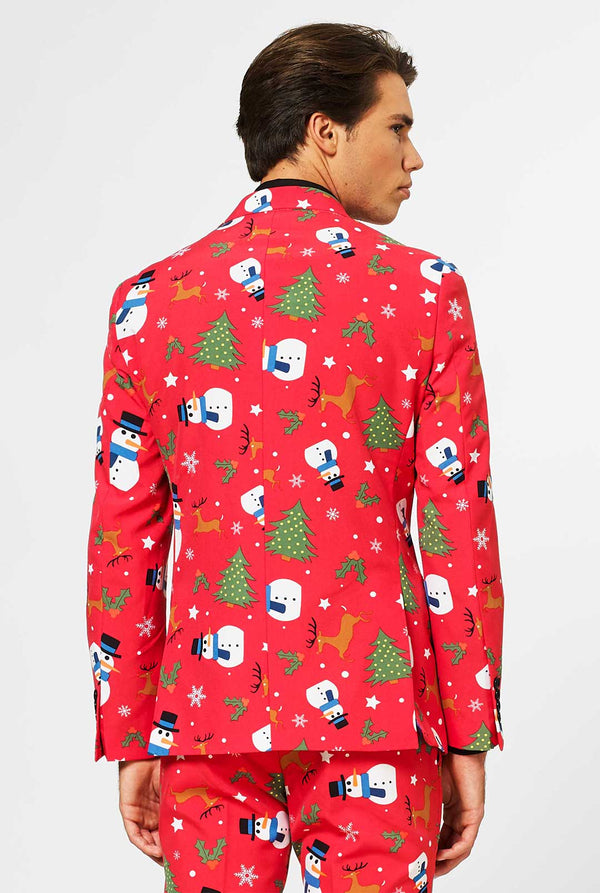 Man draagt ​​een rood kerstpak, bekijk vanaf de achterkant