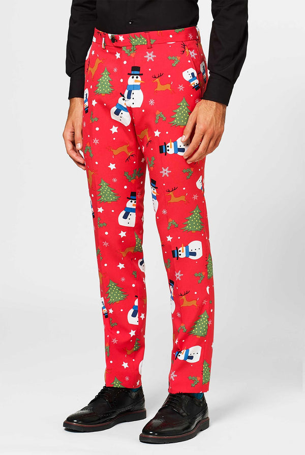 Man draagt ​​een rood kerstpak, het uitzicht op de broek