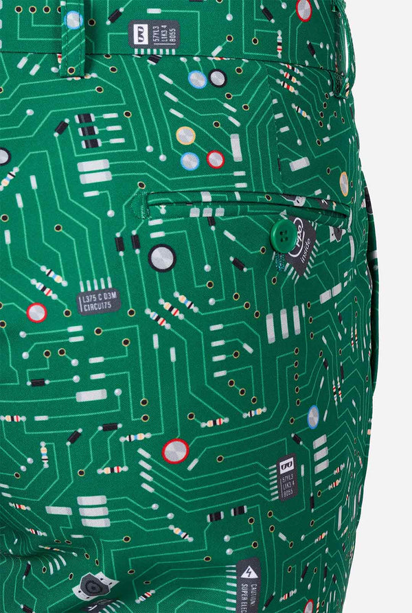 Man draagt ​​herenpak met printplaat afdrukken, broek van dichtbij