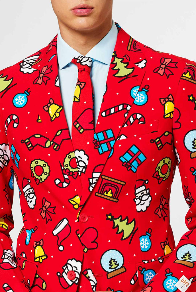 Red Christmas Men's Suit met kerstpictogrammen gedragen door de mens