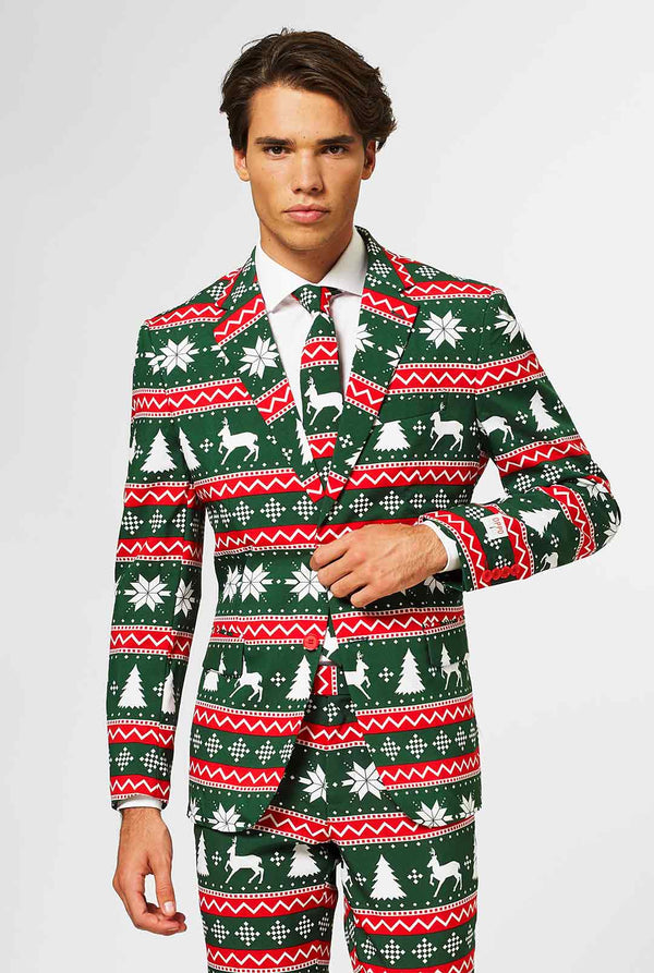 Groen en rood kerstthema herenpak gedragen door de mens