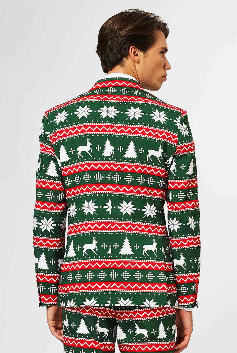 Groen en rood kerstthema herenpak gedragen door de mens