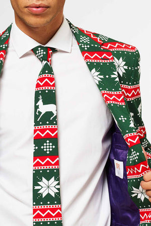 Groen en rood kerstthema herenpak gedragen door de man close -up uitzicht