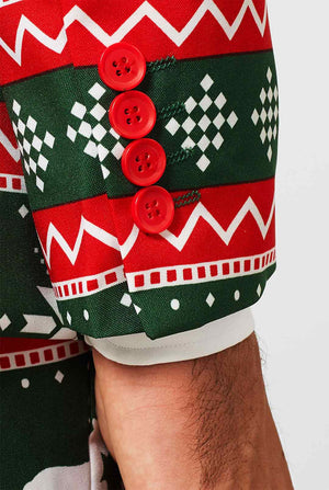 Groen en rood kerstthema herenpak gedragen door de man close -up uitzicht
