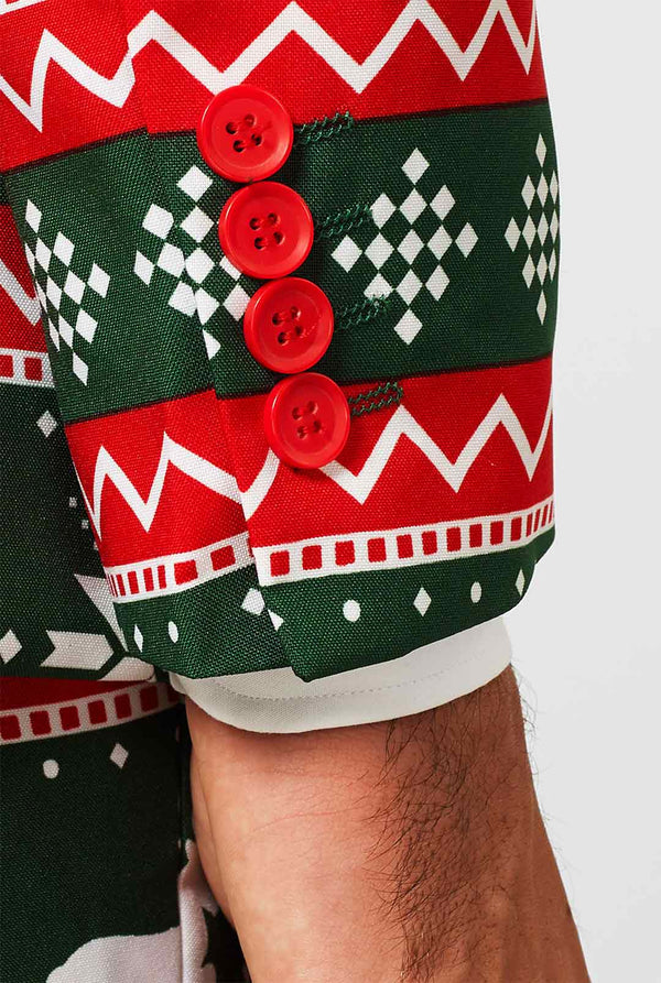 Groen en rood kerstthema herenpak gedragen door de man close -up uitzicht